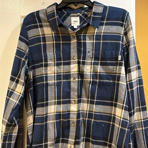VANS FLANNEL BUTTON DOWN TOP BLUES AND WHITE WITH YELLOW/GOLD STRIPE SIZE LARGE - Picture 1 of 8